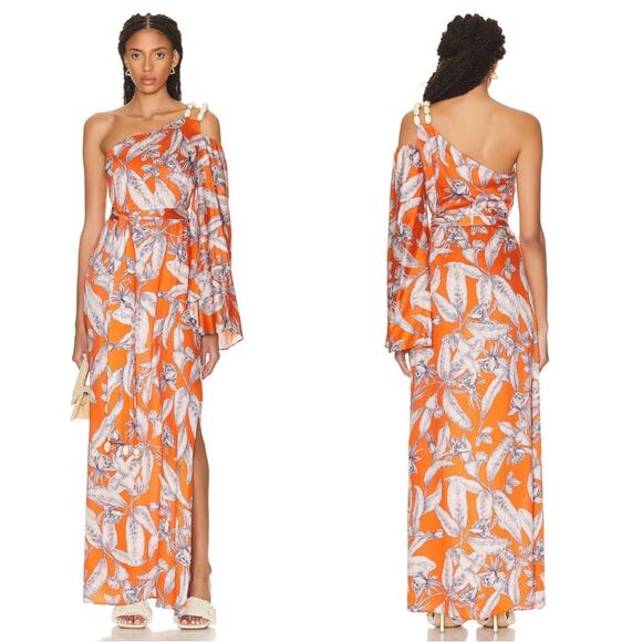 Alexis Randi One Shoulder Floral Maldives Orange Long Sleeve Maxi Dress Size XL - Picture 2 of 14
